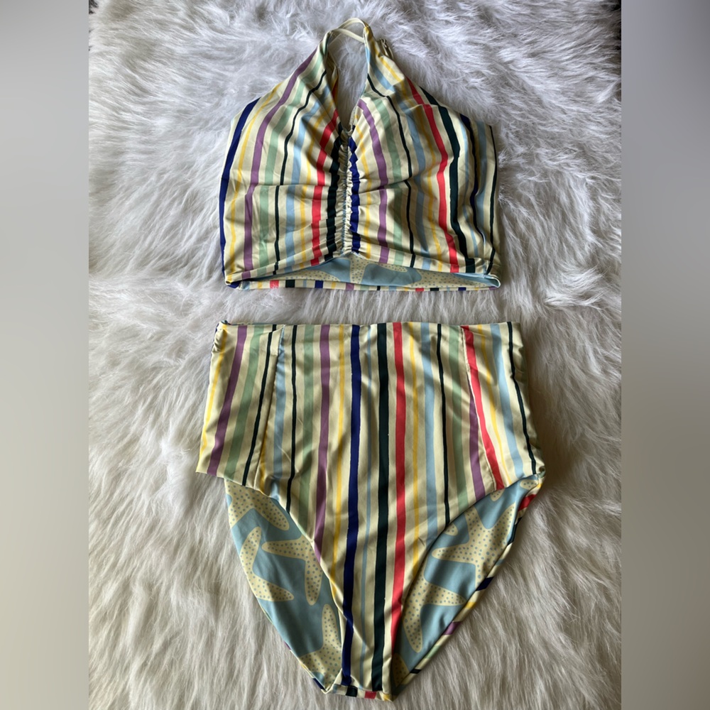 RAD Swim Cora Reversible Swim Set Multicolor Longline Starfish Stripe Size L/XL